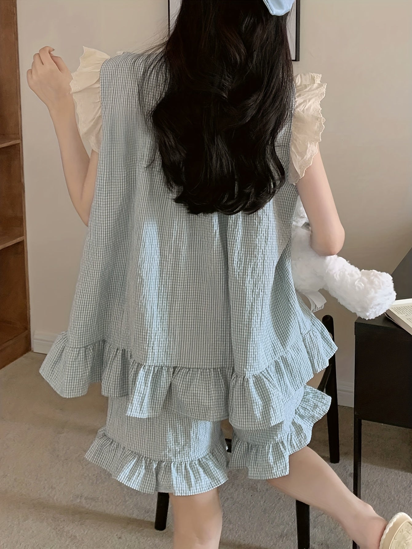 Women's Summer Pajama Set Sleeveless Plaid Short Sleeve Sleepwear for Women