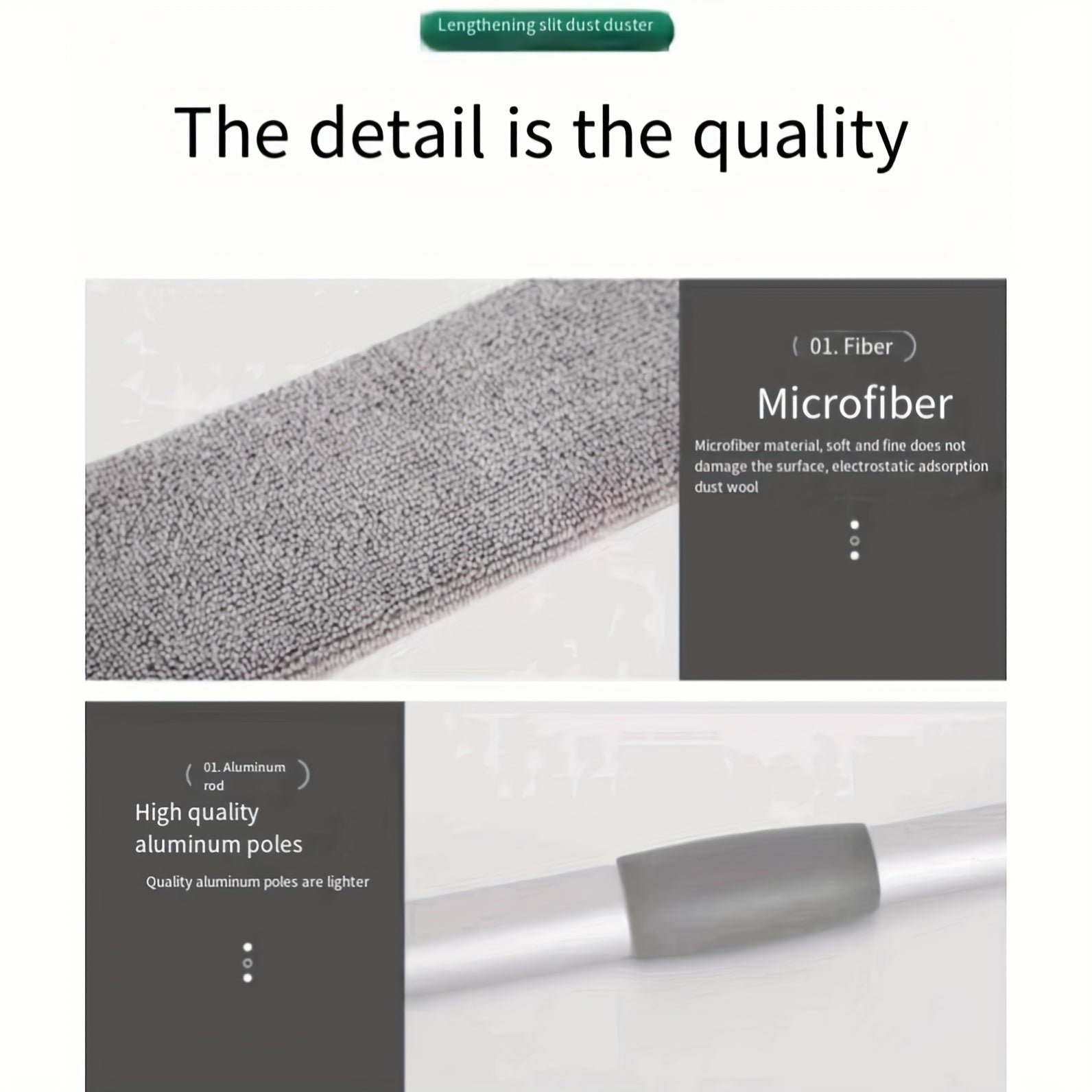 Uzoq muddatli chang tozalash cho'tkasi: Samarali tozalash uchun mustahkam alyuminiy ustunlar va mikrofiber material.