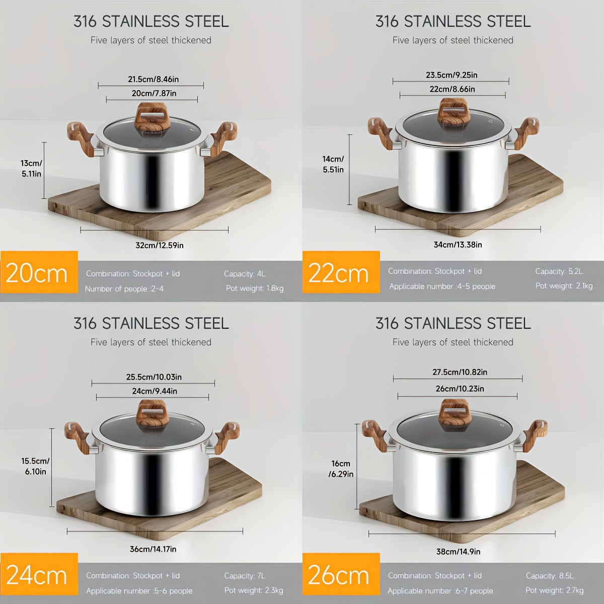 Five-Layer Steel Soup Pot with Steamer Non-Stick Induction Compatible 316 Stainless Steel