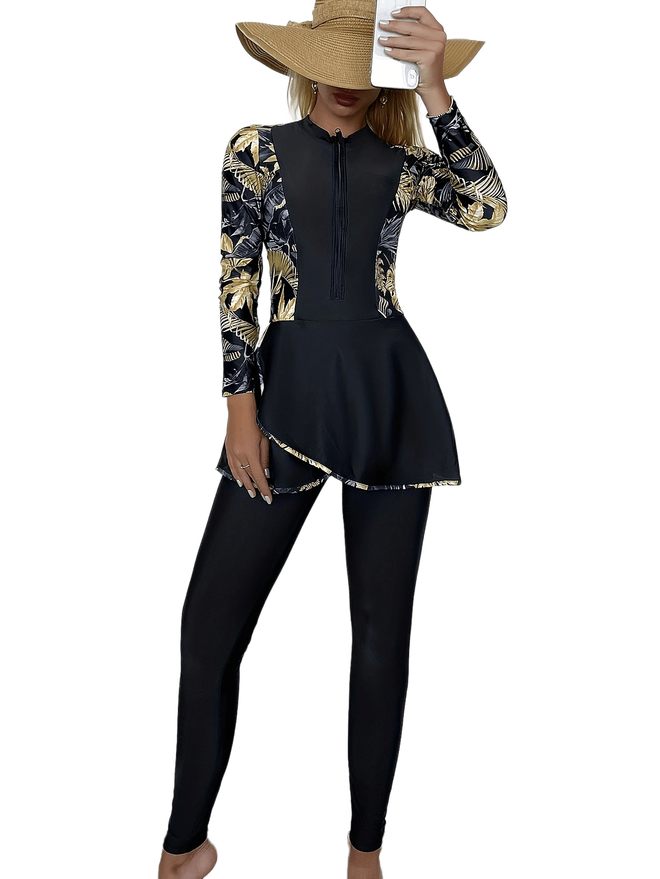 Ayollar uchun O'rta Sharq an'anaviy to'liq tanali suzish kiyimi, asimmetrik gullar naqshida, uzun yenglari bilan, yuqori elastiklikka ega polyester va spandeks aralashmasidan tayyorlangan. Katta dumaloq bo'yin yirigiga ega.