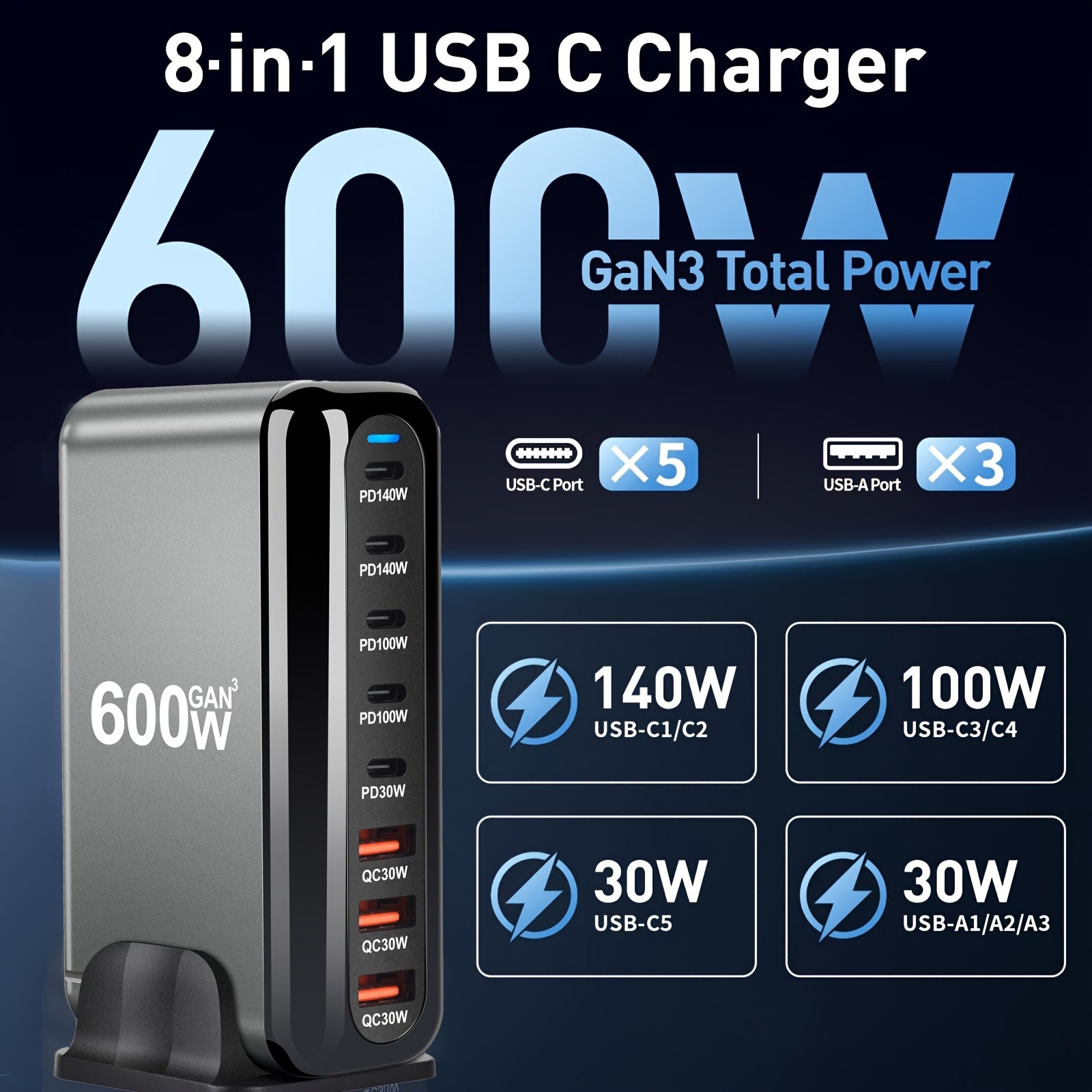 600W 8-Port USB Type C Fast Charger Gan Fast Charge 3.0 for Tablets and Mobile Devices