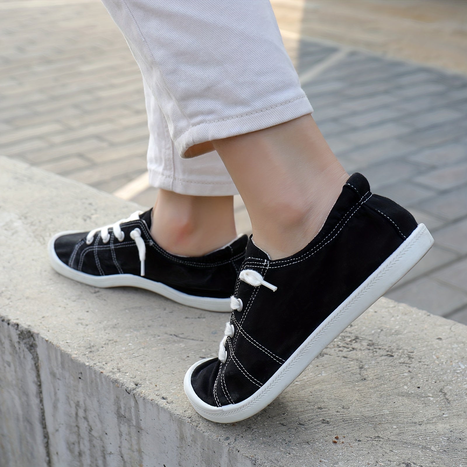 Women's Canvas Lace-Up Sneakers, Solid Color Casual Walking Shoes