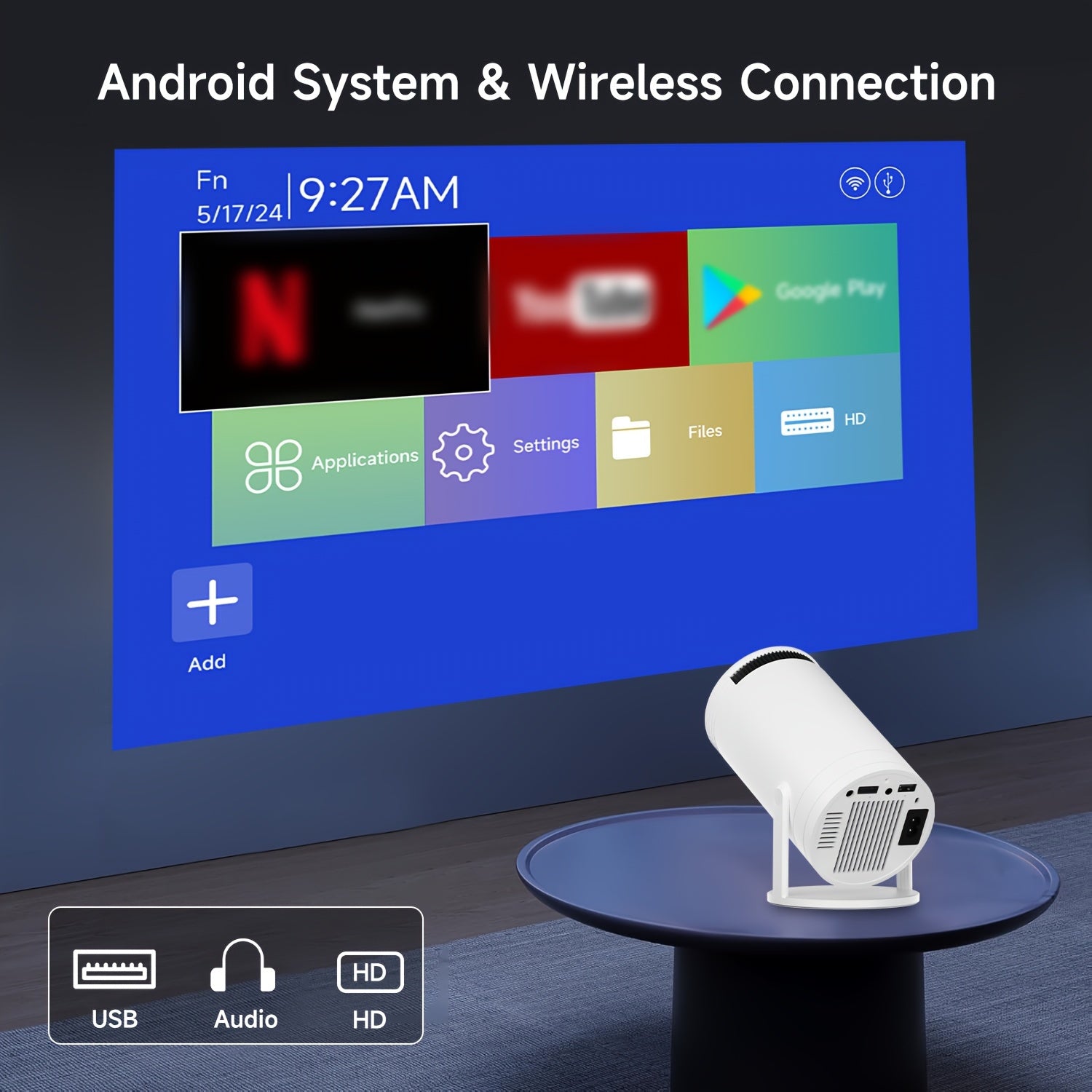 Portable WiFi6 Wireless Projector 1080P Support 3.3m Zoom 180° Rotation