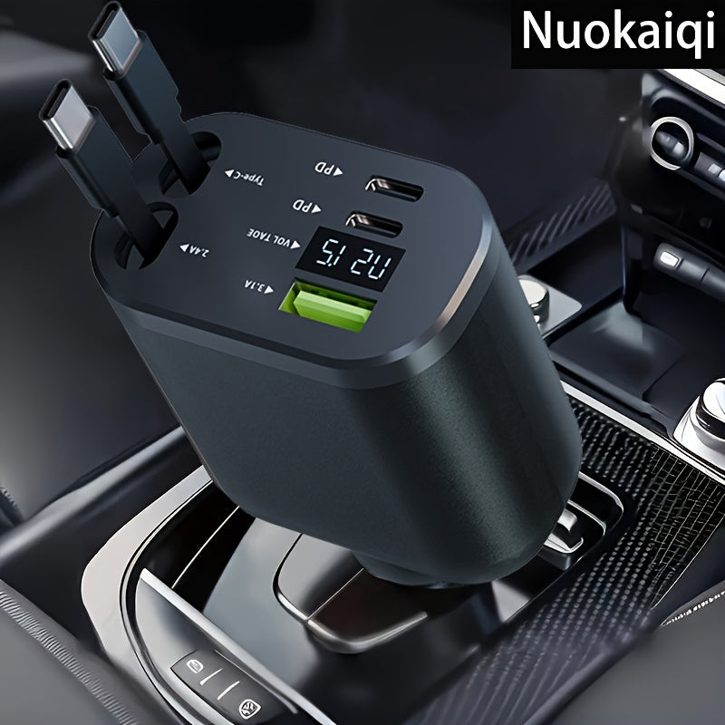 4-in-1 Fast Charging Car Charger with Retractable Cable Dual PD Ports