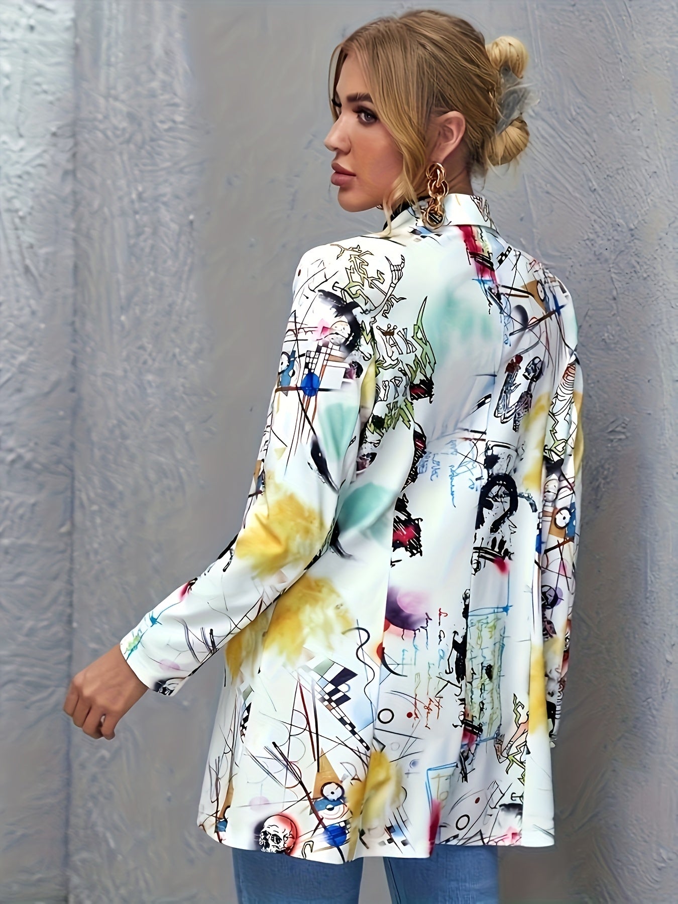 Plus Size Graffiti Print Blazer with Long Sleeves Open Front Casual Outerwear
