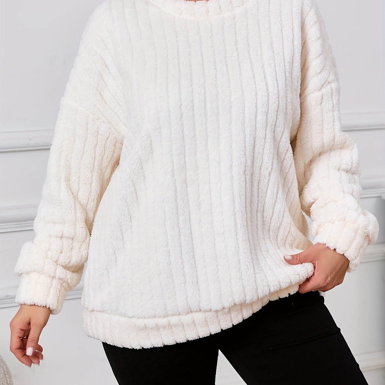 Ayollar uchun katta o'lchamli fleece pullover svitshot polyester kruv neck bir xillik rang issiq kundalik