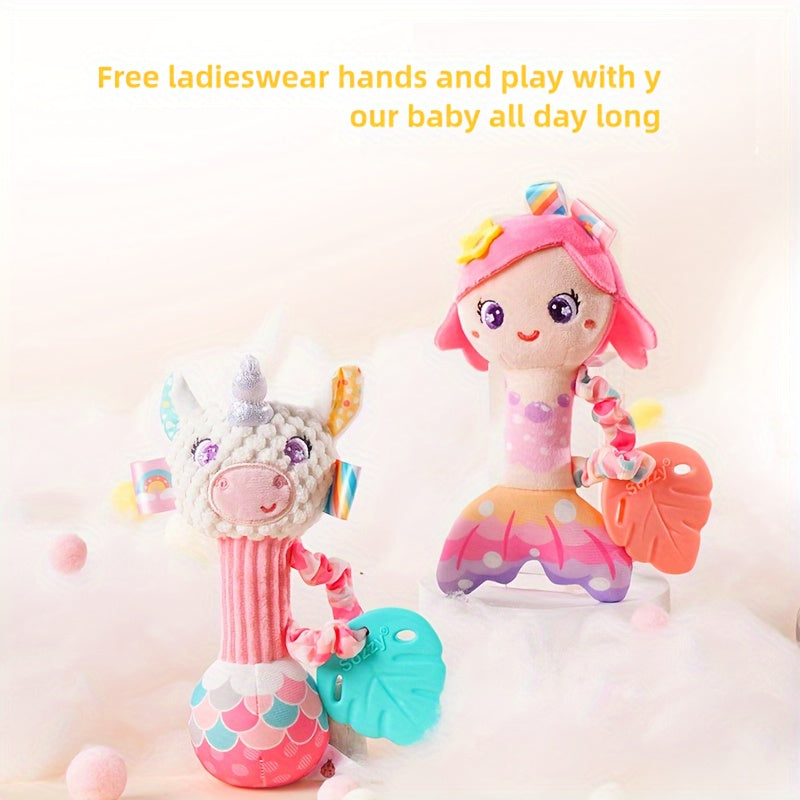 CEKCEK Plush Mermaid & Unicorn Toy yosh bolalar uchun - Yumshoq polyesterdan tayyorlangan, 0-1 yoshdagi bolalar uchun ta'lim beruvchi rattl bilan - Tug'ilgan kunlar, Rojdestvo, Shukrona kuni yoki Yangi yil uchun ajoyib sovg'a