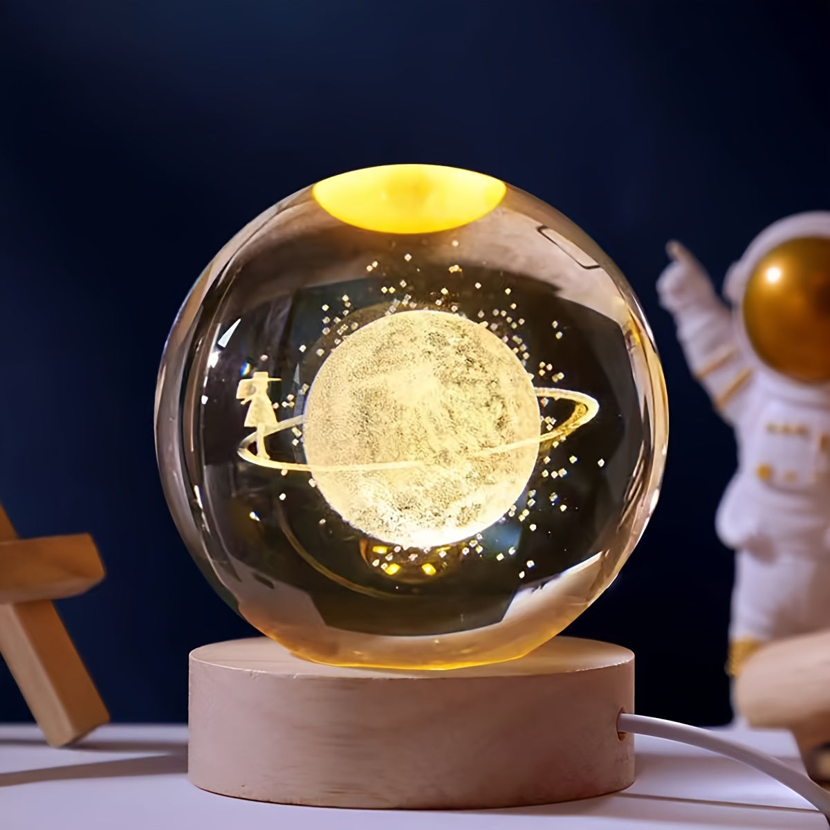 Lámpara de noche de cristal grabado en 3D con láser, sistema solar Saturn USB, regalo decorativo