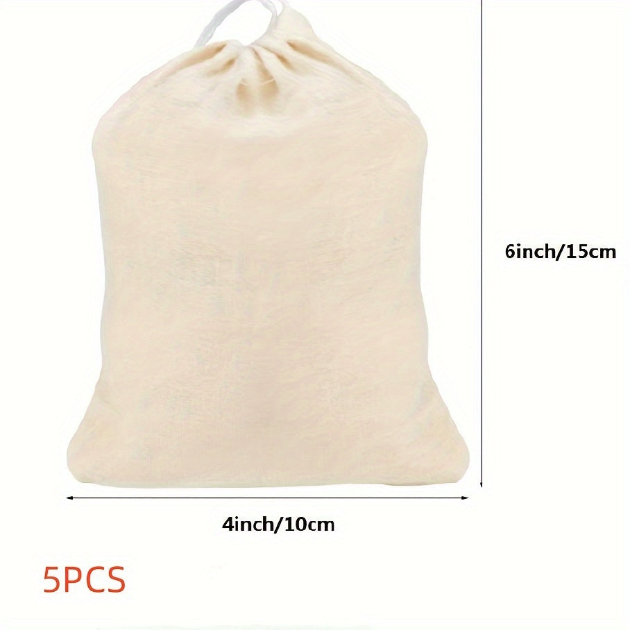 Set of 5 Reusable Muslin Drawstring Soup Bags for Spices Herbs and Teas