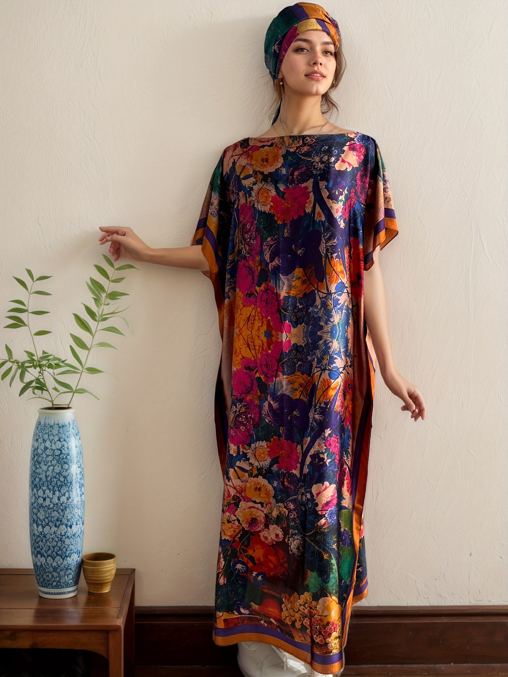 Women's Plus Size Floral Print Batwing Sleeve Maxi Dress Polyester Casual Party Wear