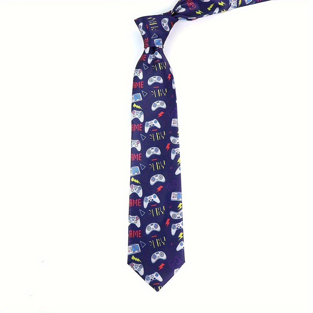 Silk-Like Printed Tie with Airplanes Planets Symbols Musical Notes Footballs for School Work Party