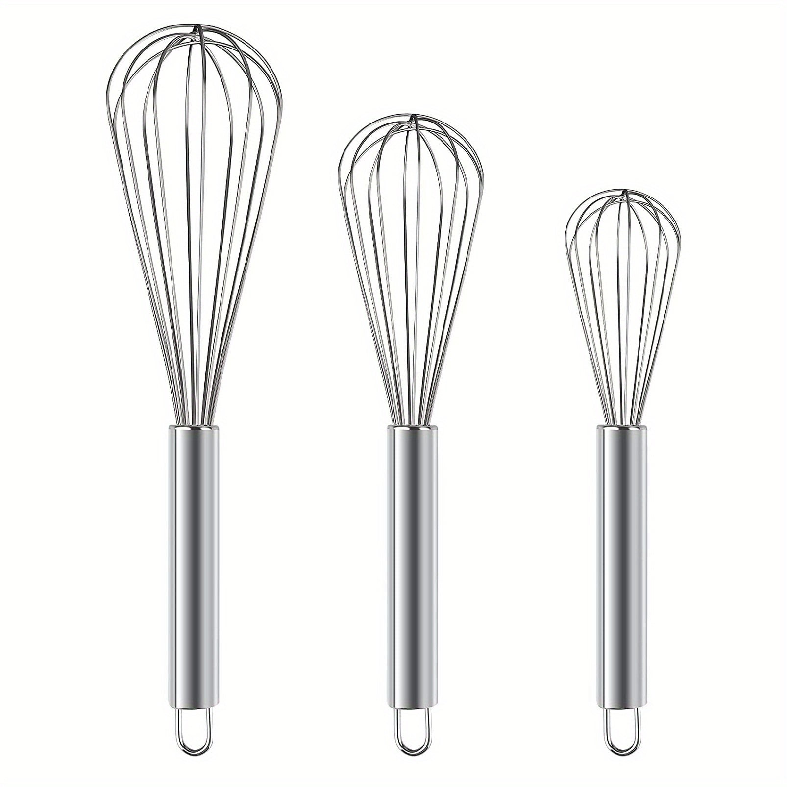 Set of 3 Stainless Steel Egg Whisks in Different Sizes for Cooking and Baking