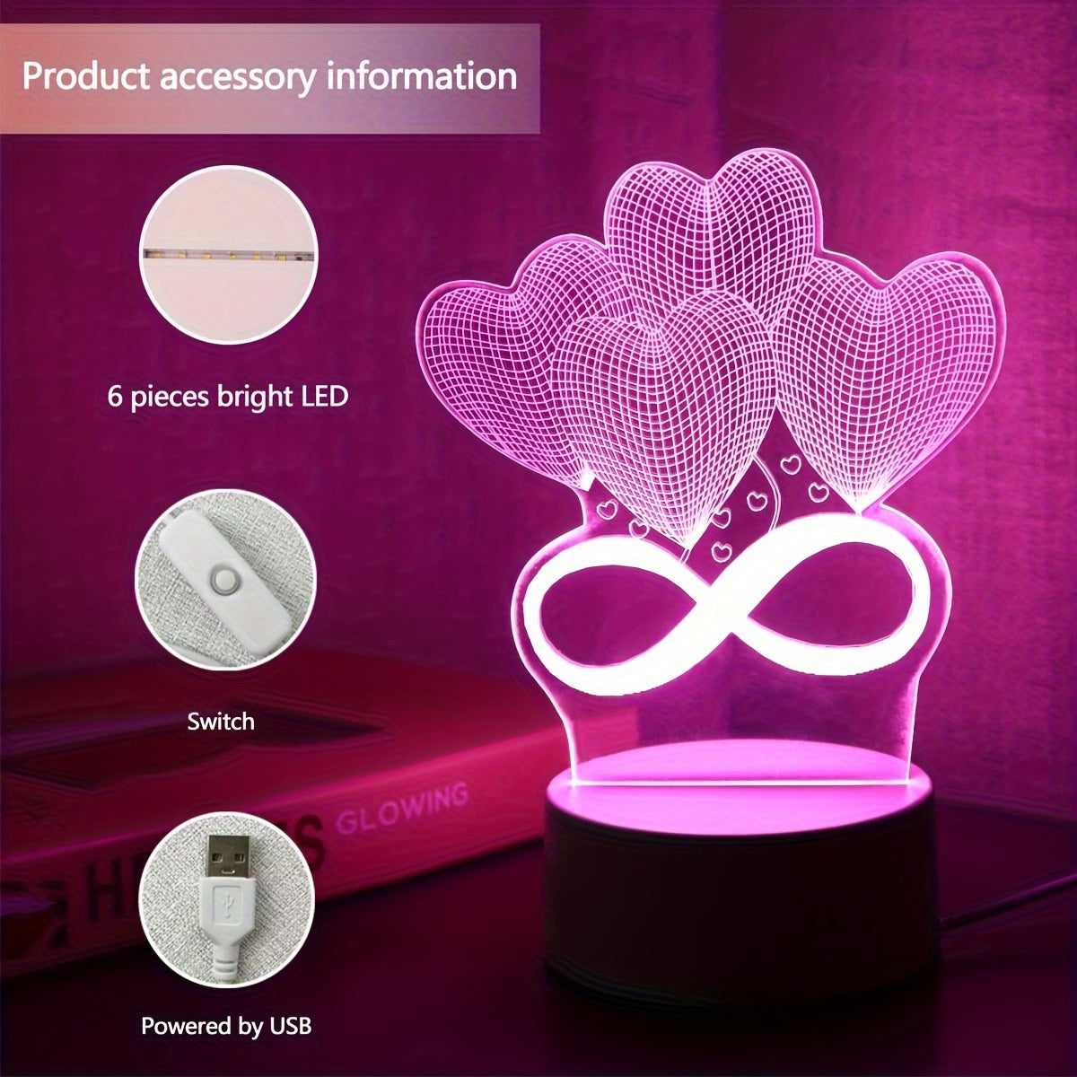 Pink 3D LED Night Light for Bedroom Decoration