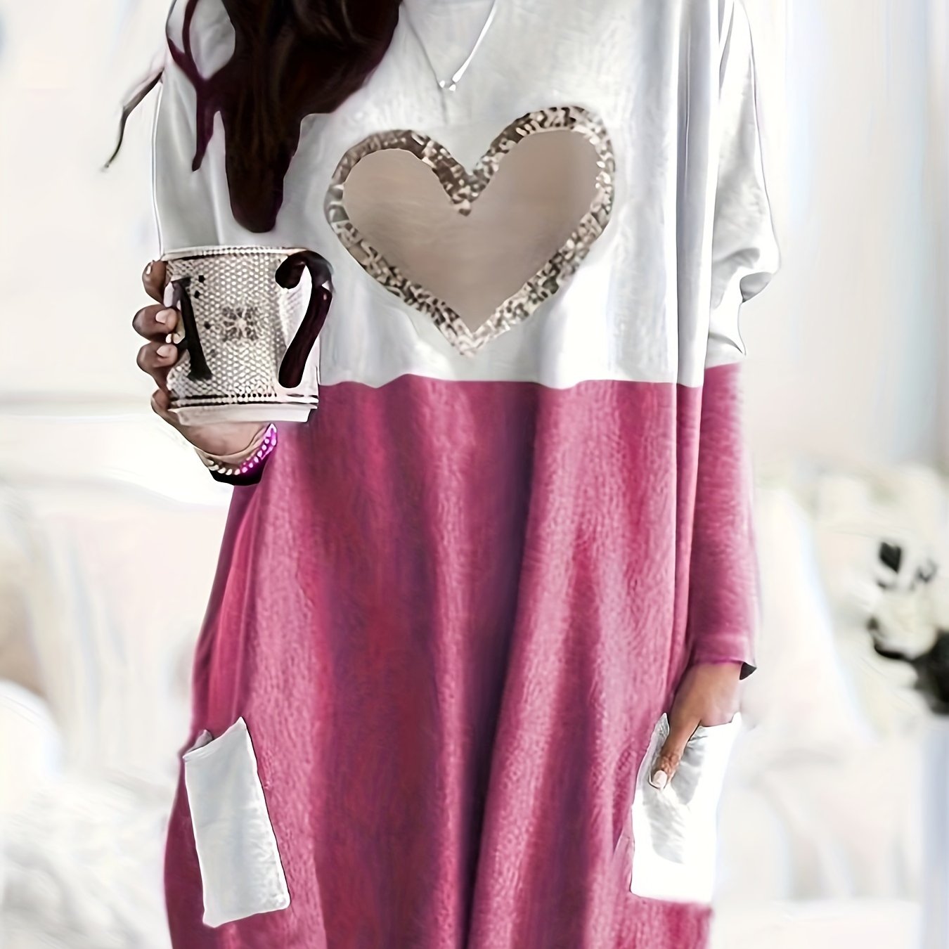 Women's Long Sleeve T-Shirt Heart Print Color Block Fall Winter Easy Care