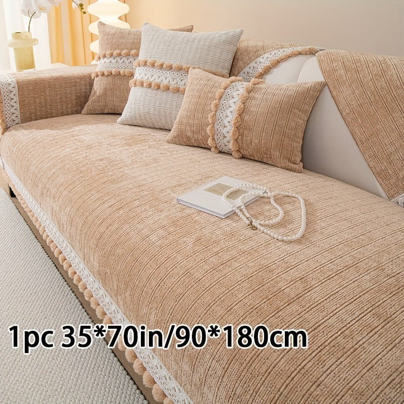 Зеленый чехол для дивана из шенилла с помпонами - водонепроницаемый и дружелюбный к домашним животным, подходит для всех размеров диванов (на 1-4 человека) - легкий в уходе, можно стирать в машине, с кисточками, идеален для любого декора комнаты