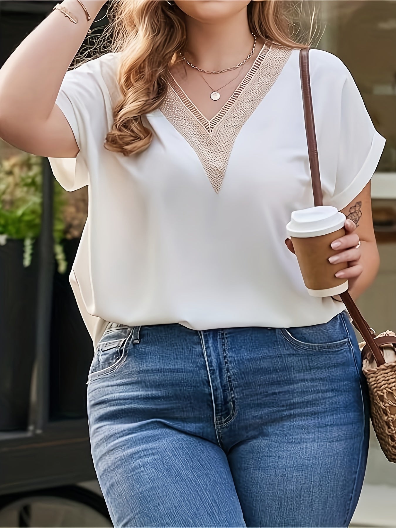 Women's Summer V-Neck Ruffle Short Sleeve Polyester T-Shirt