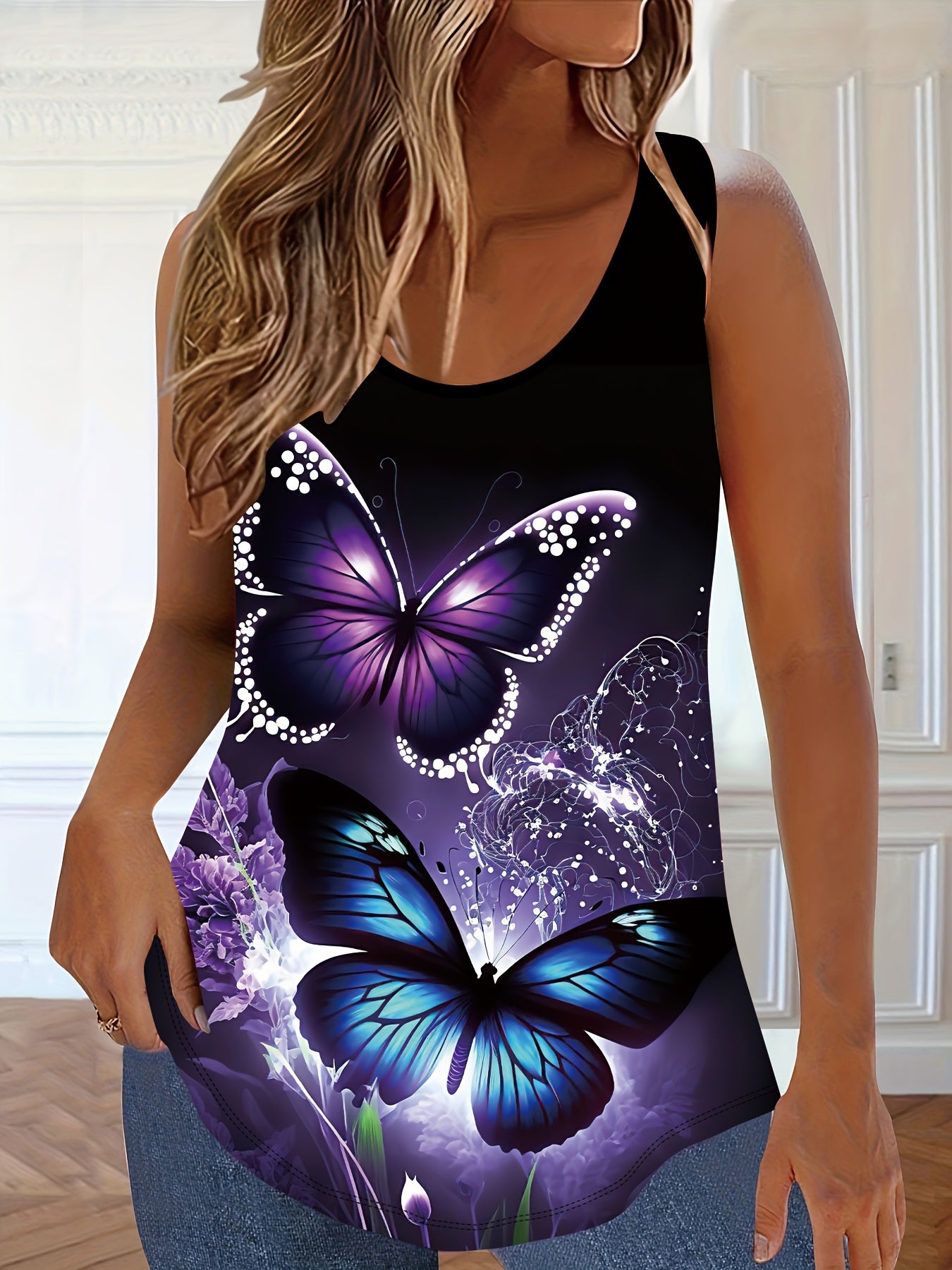 Plus Size Butterfly Print Tank Top Sleeveless Cotton Blend Summer