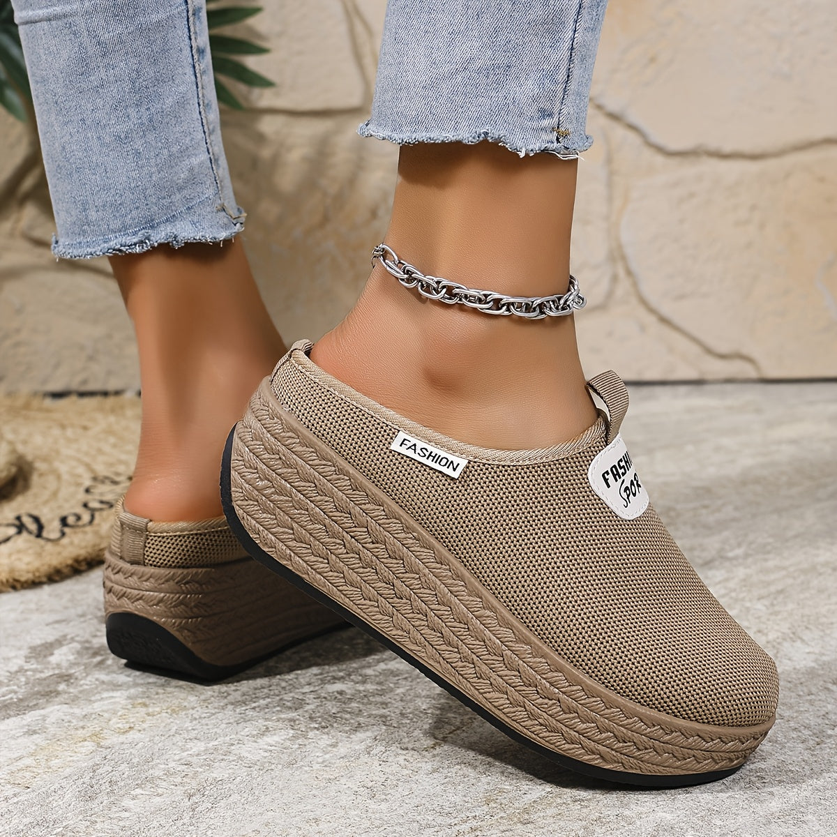 Women's Casual Thick Sole Slip-On Sneakers Black Fabric Upper TPR Sole