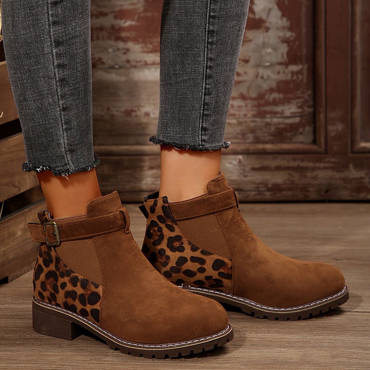 Women's Leopard Print Ankle Boots with Buckle Strap Casual Slip-On All-Season