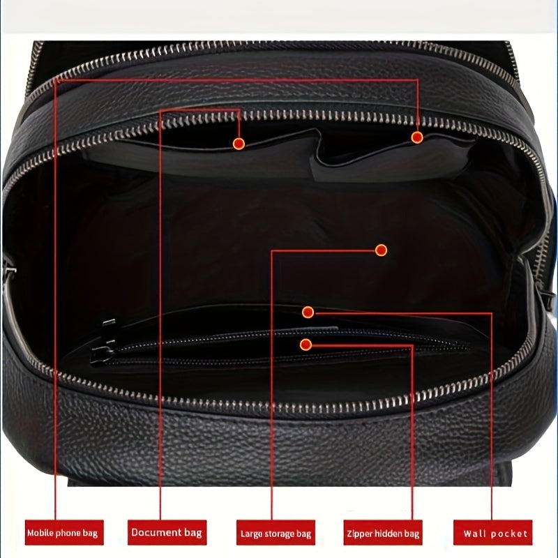 Women's Black Genuine Leather Backpack with Adjustable Strap and Drawstring Closure