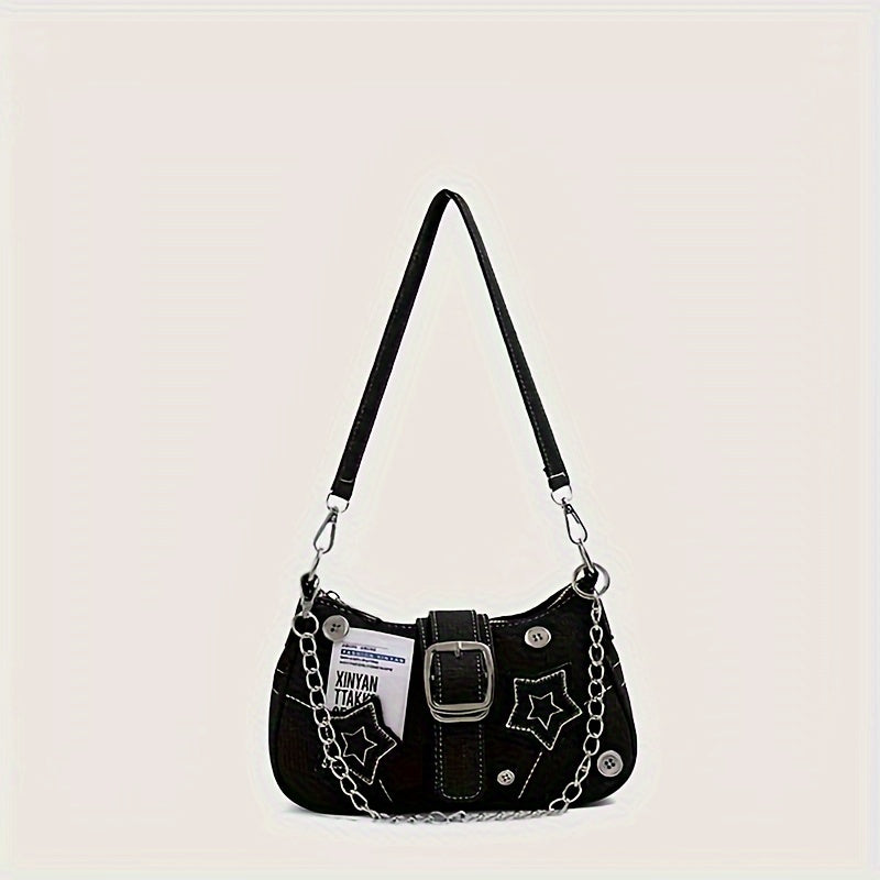 Denim Shoulder Bag with Star Pattern Moon Shape Chain Strap Zipper Closure