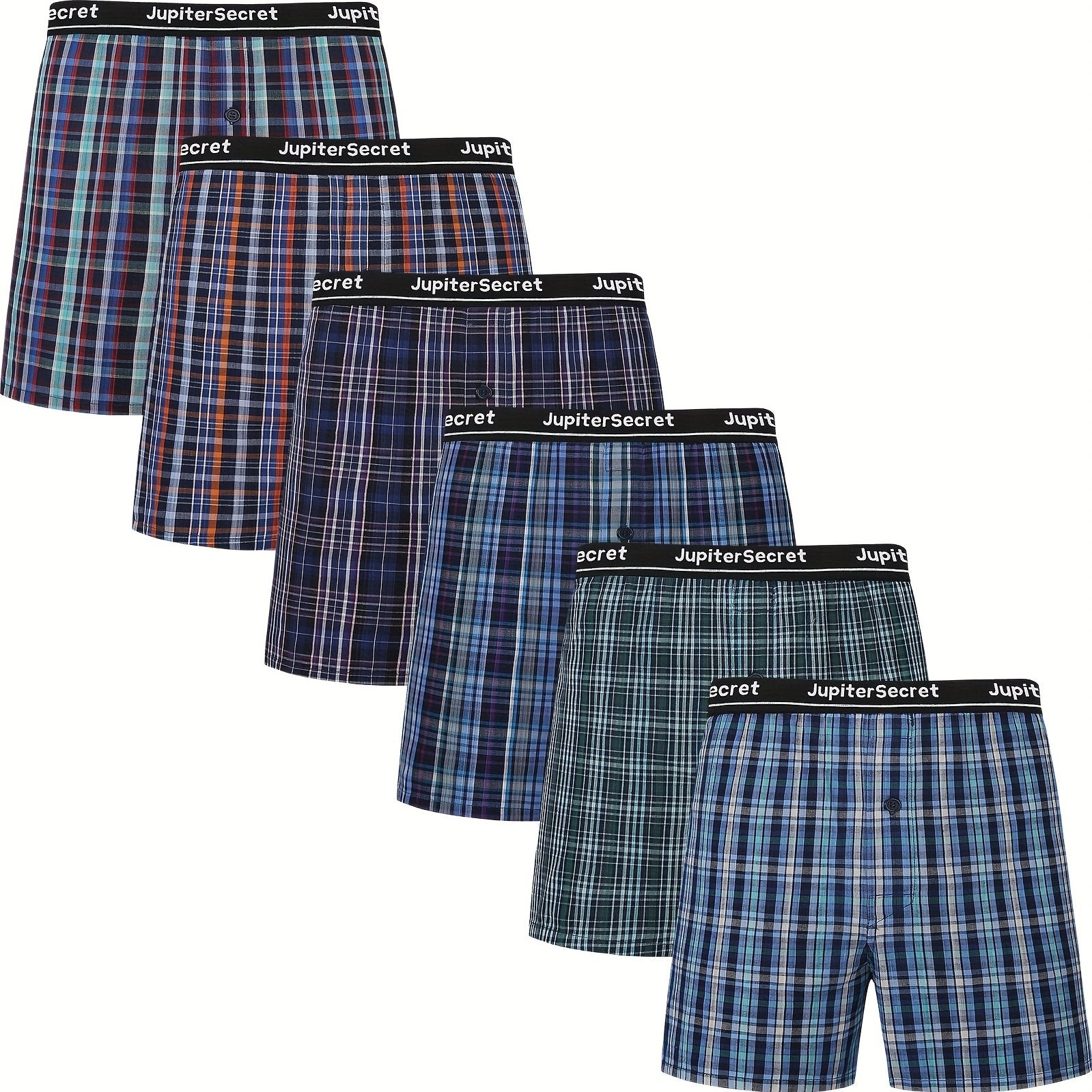Men's Cotton Boxer Shorts Set 6 Pack Plaid Elastic Waistband Button Closure
