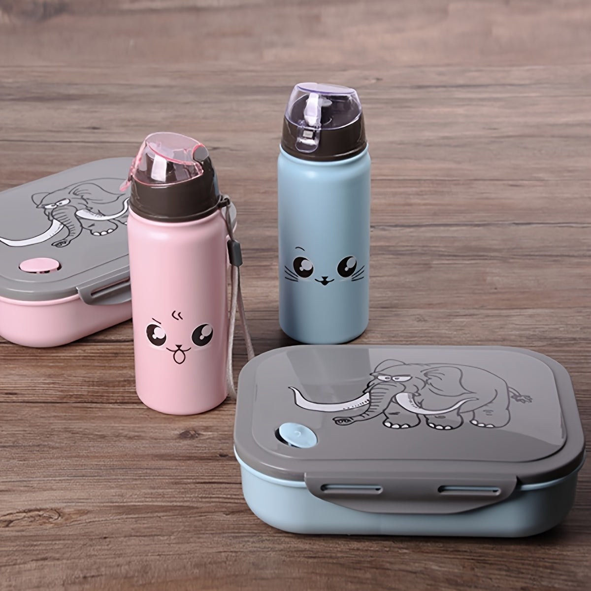 Elephant Theme Portable Bento Lunch Box Set With 400ml Water Bottle And Spoon
