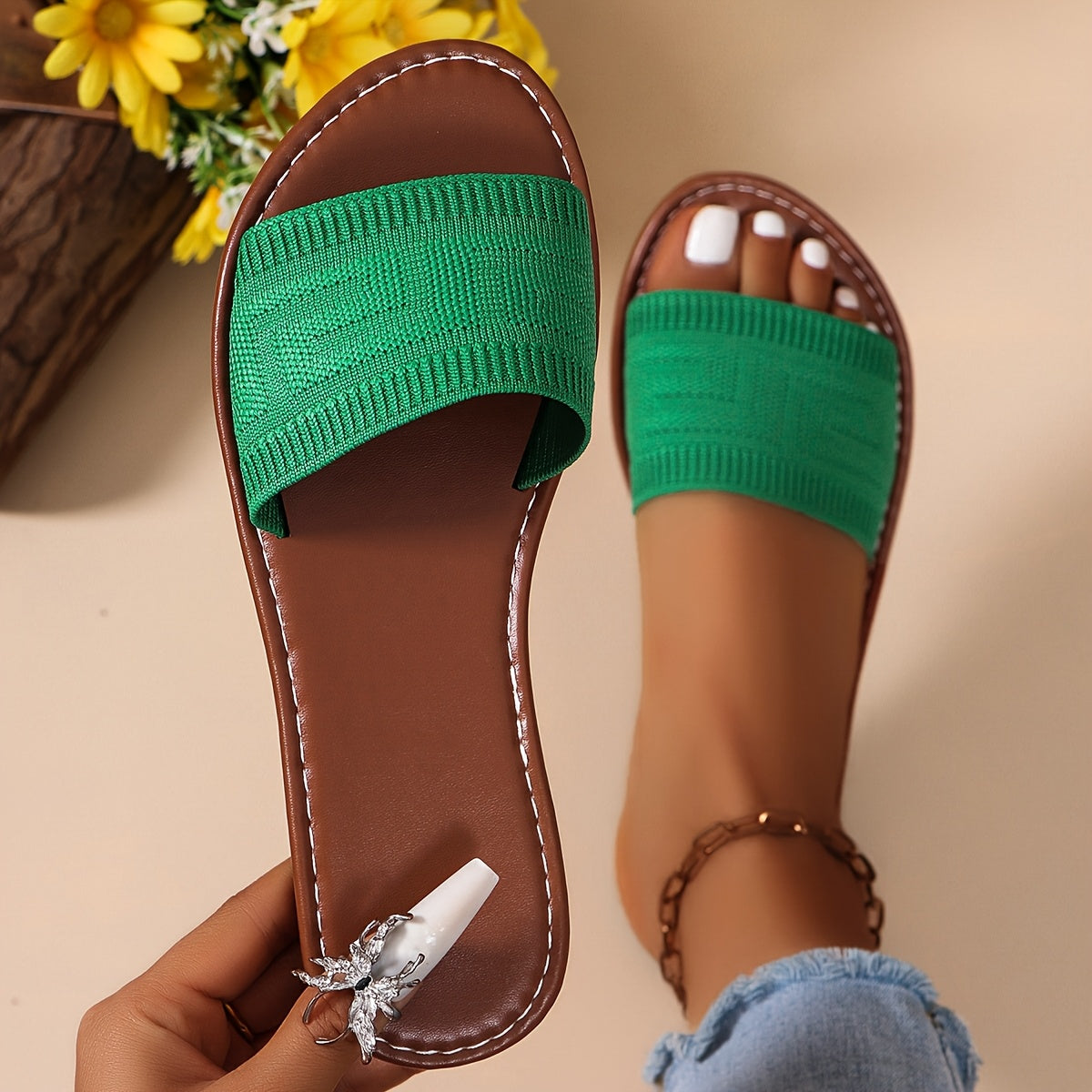 Women Plus Size Summer Knit Slide Sandals Open Toe Flat Heel Green