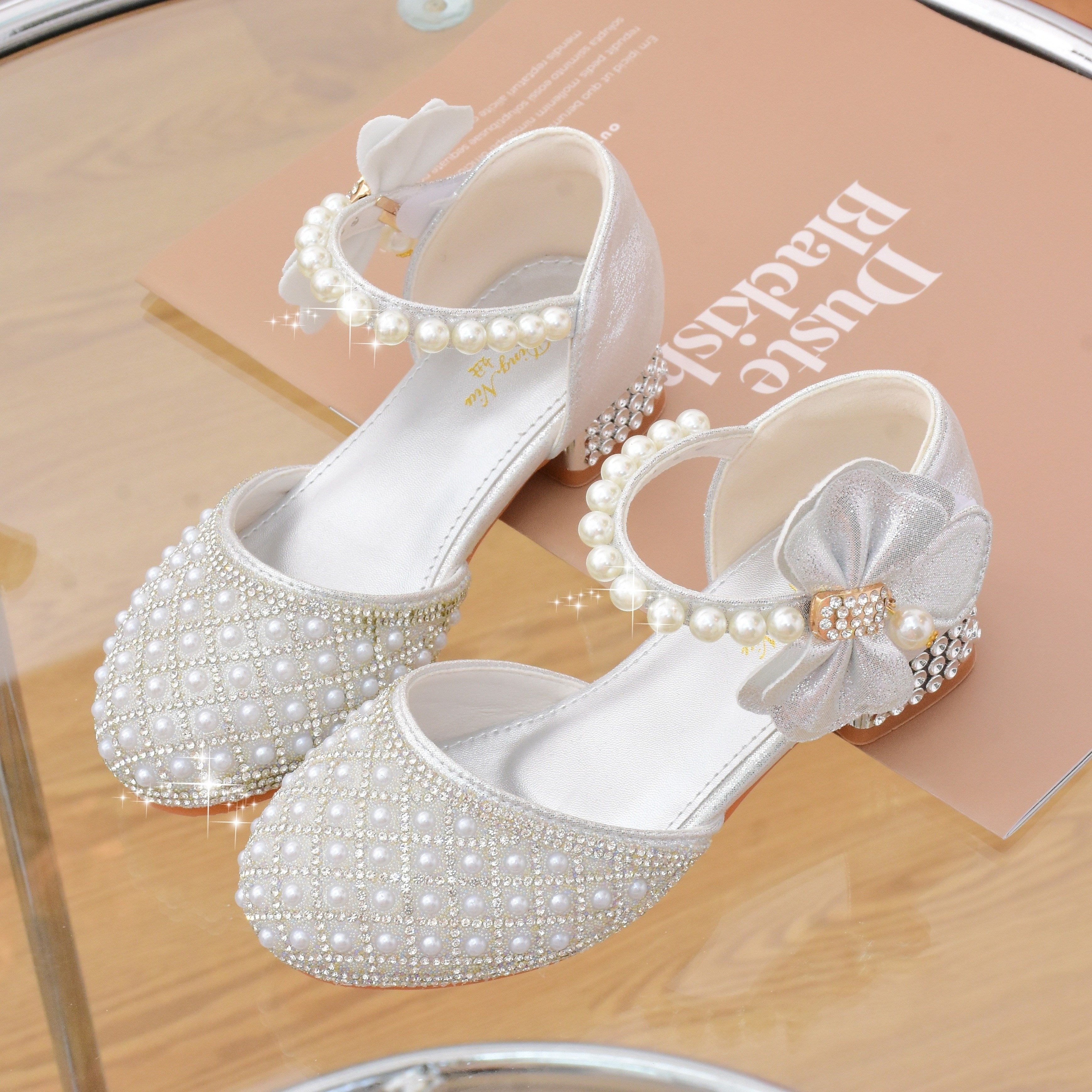 Girls Children's Spring and Summer High Heels with Pearl Crystals Bowknot Butterfly Knot