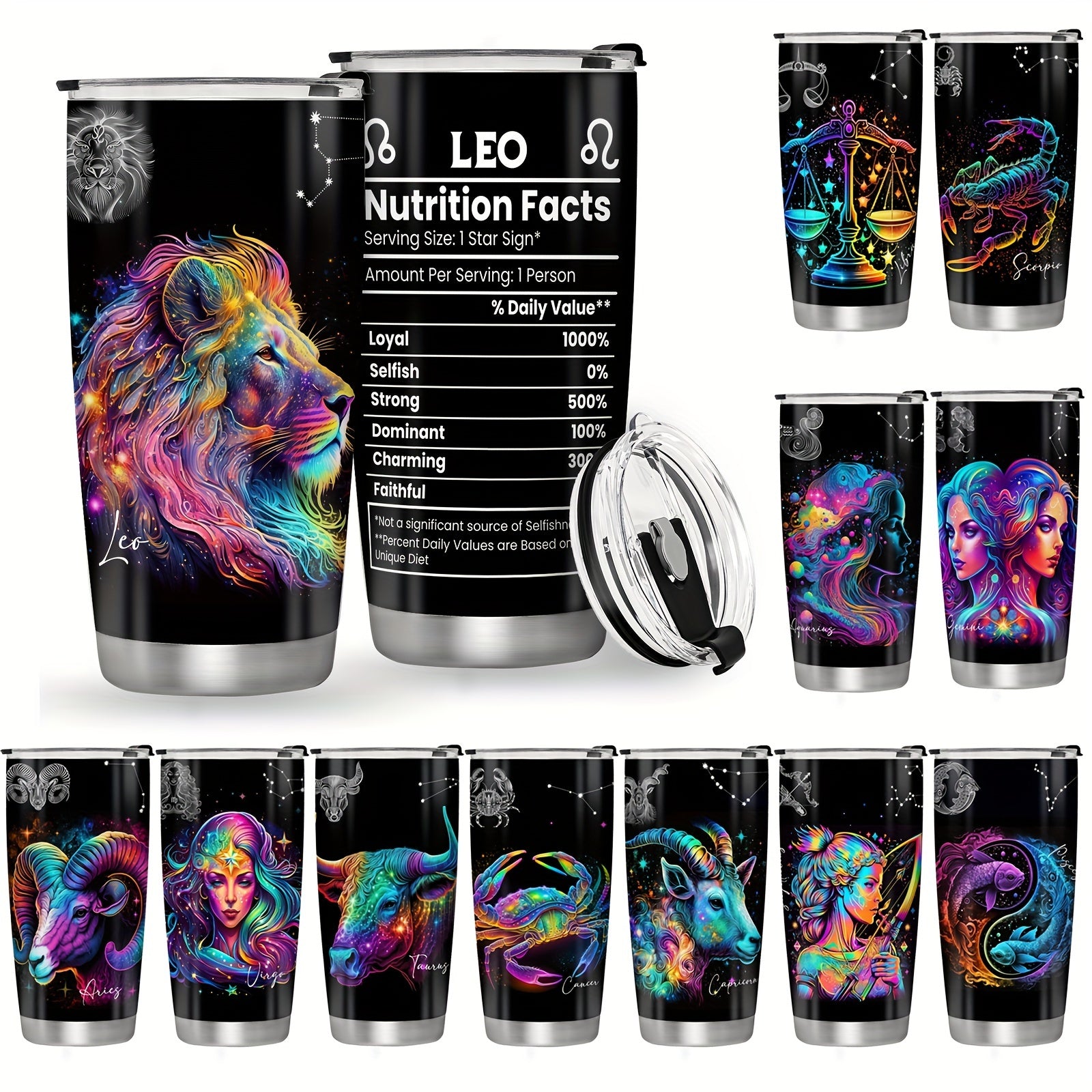 20oz Stainless Steel Zodiac Tumbler with Horoscope Design Leakproof Double Wall Vacuum Insulated Travel Mug for Outdoor Use