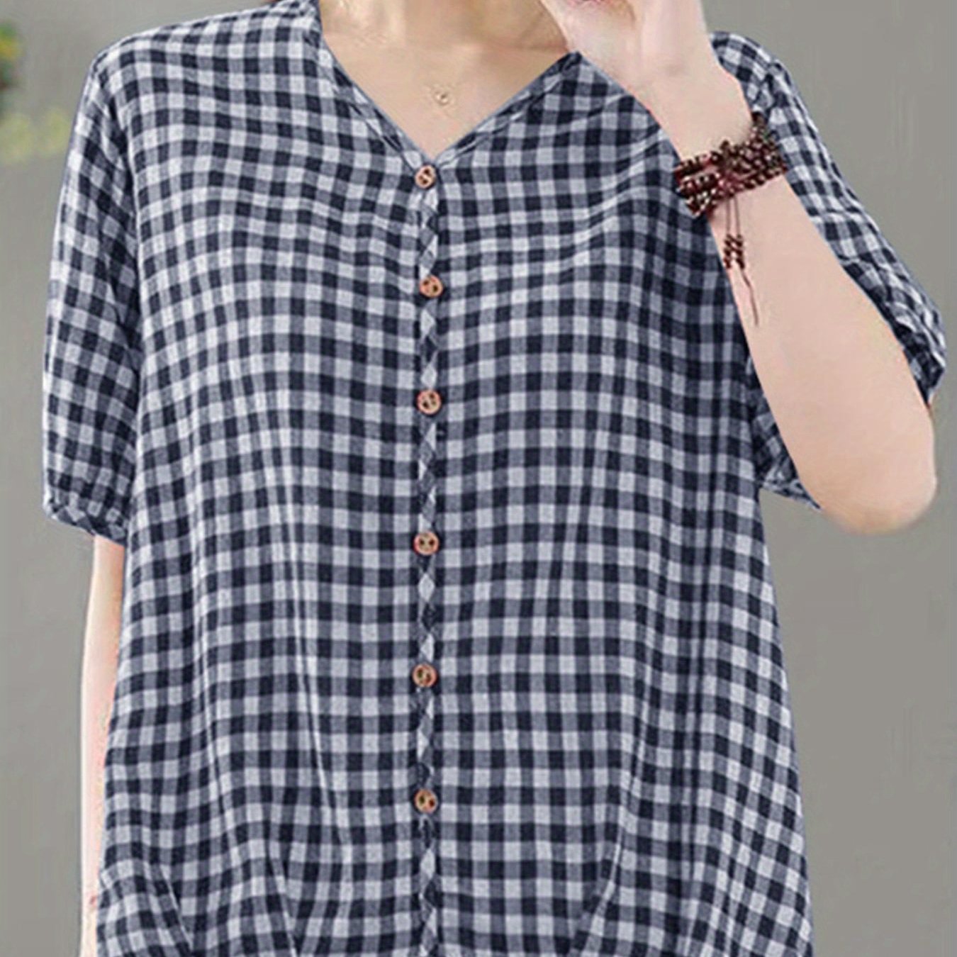 Plus Size Women's Checkered Print Short Sleeve Blouse Casual V Neck Top