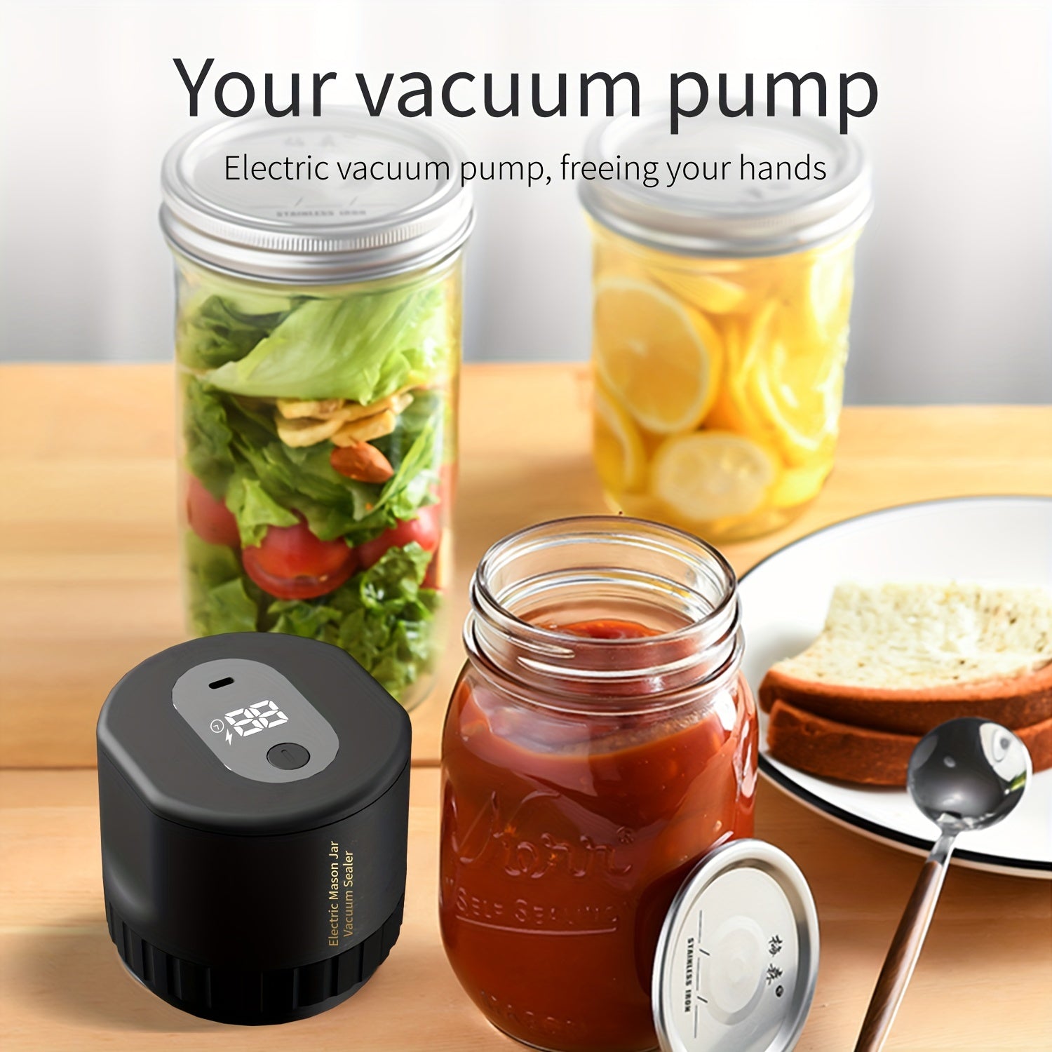 10pcs Mason Jar Vacuum Sealer Kit with Rechargeable Battery Automatic Sealing Black