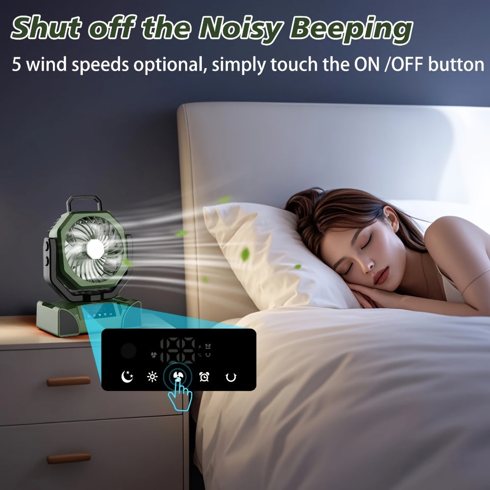 Outdoor Fan with Lights Portable Battery USB Type-C 5 Speeds for Camping Travel and Outdoor Activities