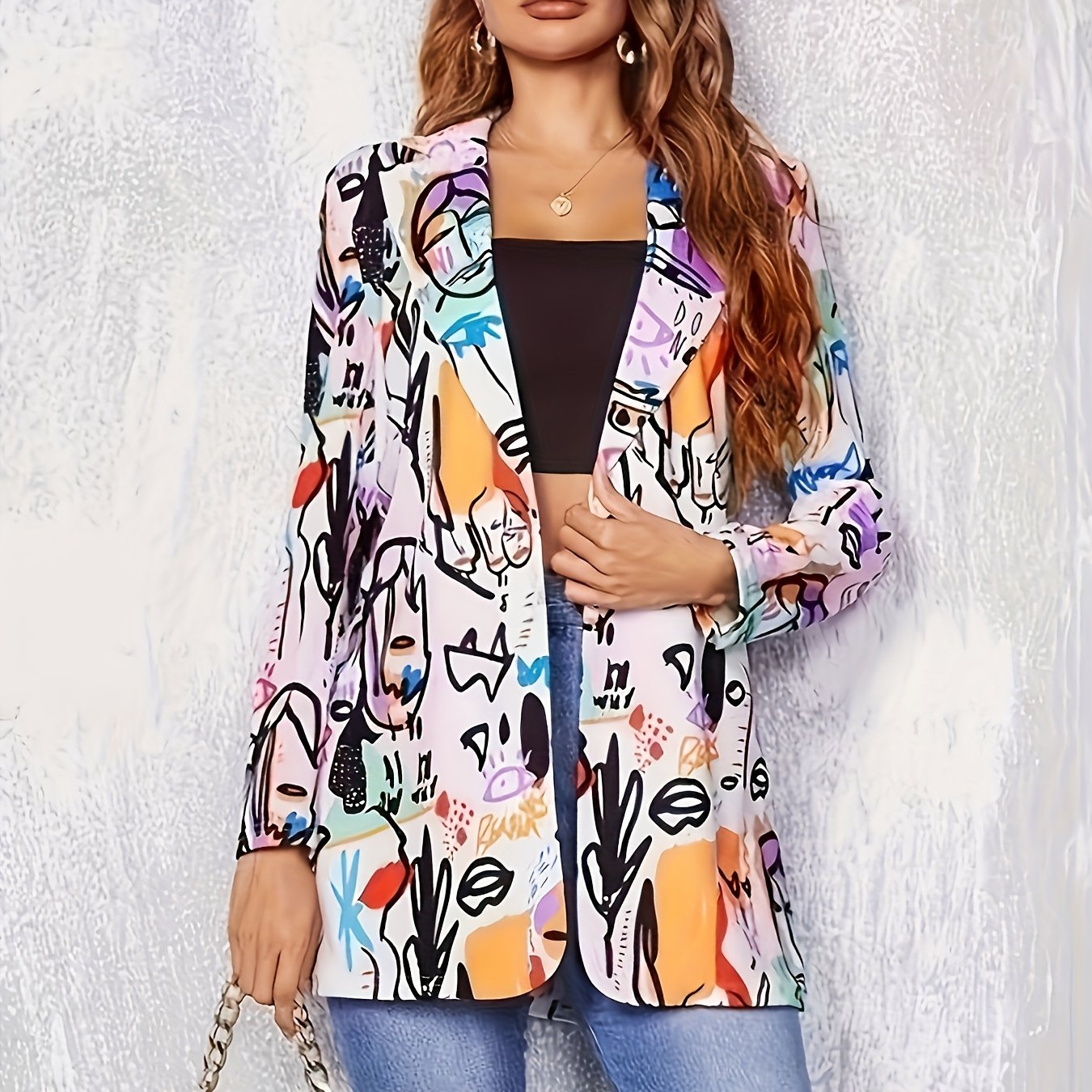 Plus Size Graffiti Print Blazer with Long Sleeves Open Front Casual Outerwear