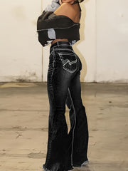 Women's Black High-Waisted Flare Jeans Plus Size Geometric Embroidery