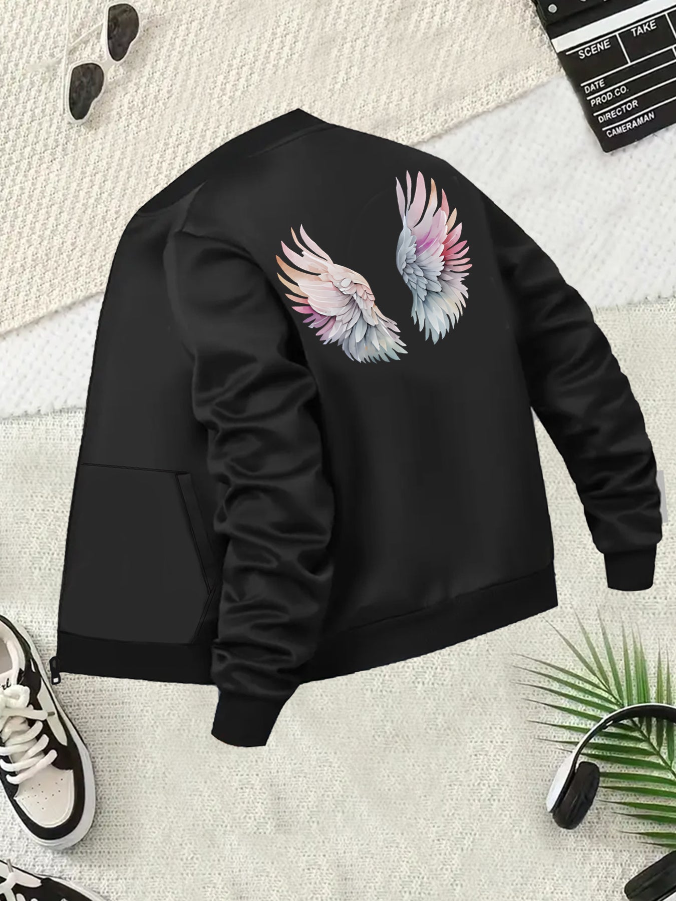 Plus Size Women's Casual Baseball Collar Jacket with Cartoon Wing Print Long Sleeve Lightweight Spring Fall Outerwear