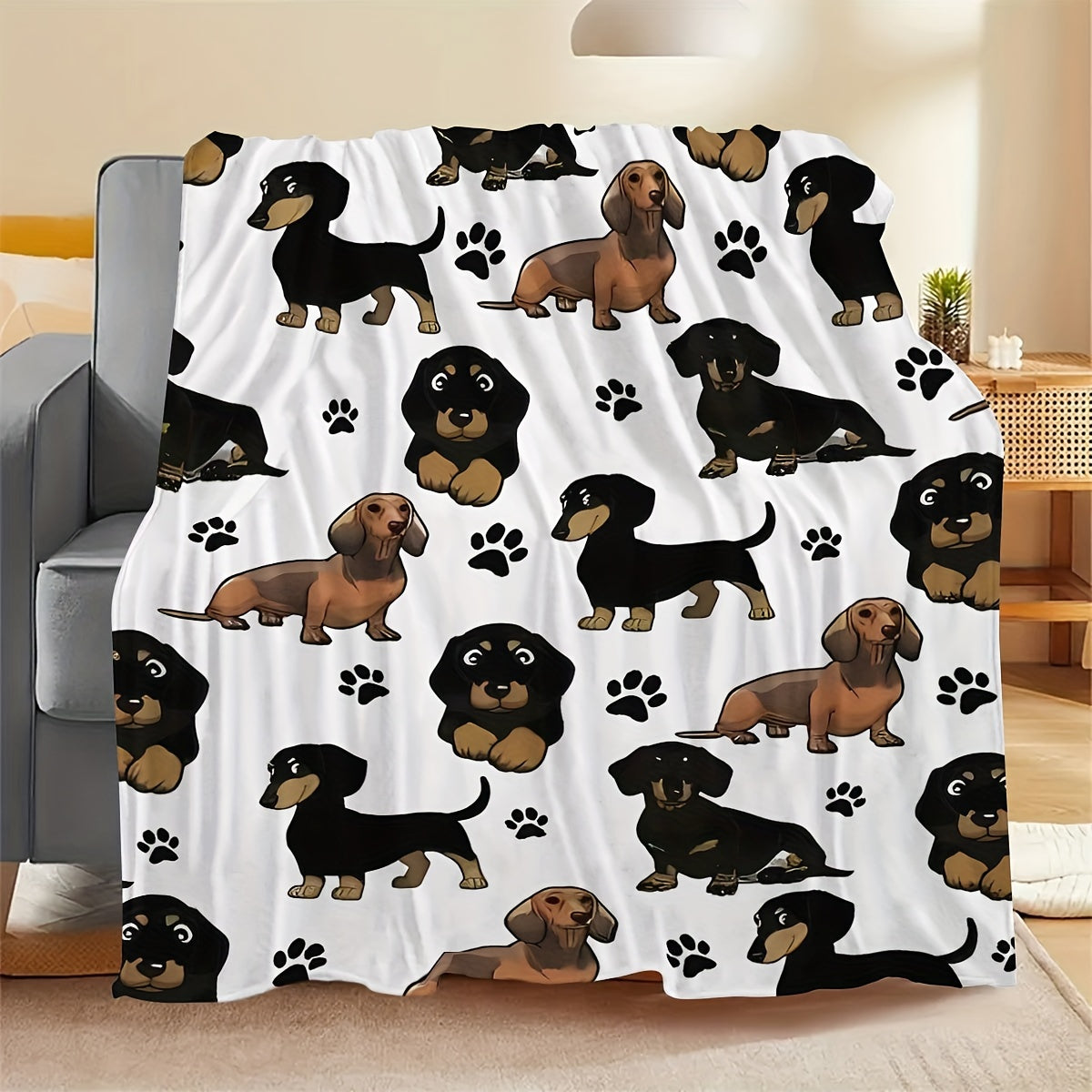 All-Season Flannel Throw Blanket with Dachshund Pattern Cozy Nap Cover