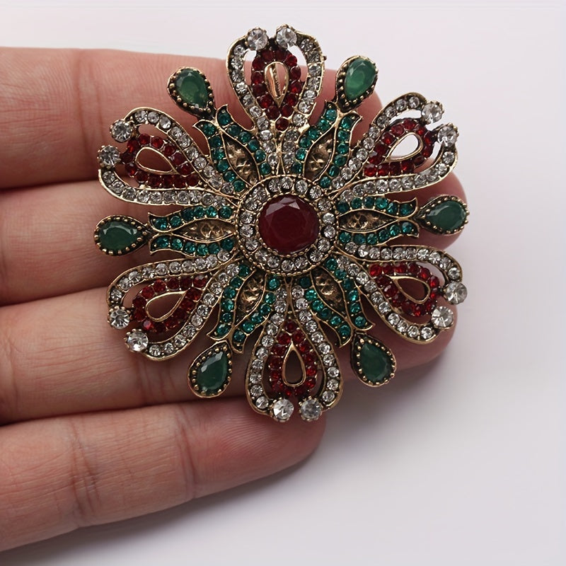 Vintage Rhinestone Brooch Pin with Irregular Floral Design Green Red Accents for Women