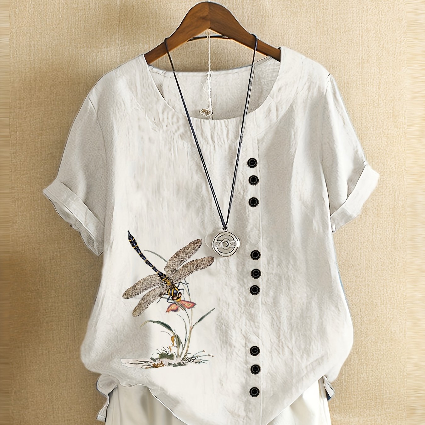 Plus Size Linen Short Sleeve Printed Casual Women's Shirt
