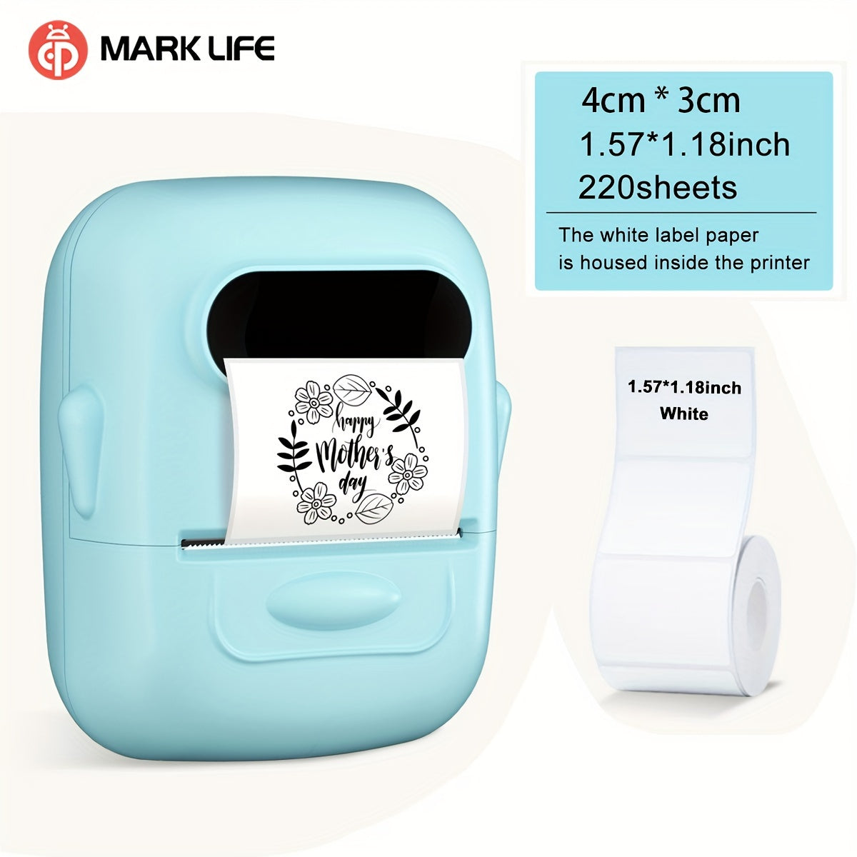 Makrlife P50 Termal Etiket Yozuvchisi, Barcode, QR Kodu, Zargarlik va Chakana Kiyim Teglari uchun Portativ Simsiz Printer; Android va iOS bilan mos keladi; 1 Rulon 40*30mm Oq Stickerni o'z ichiga oladi.