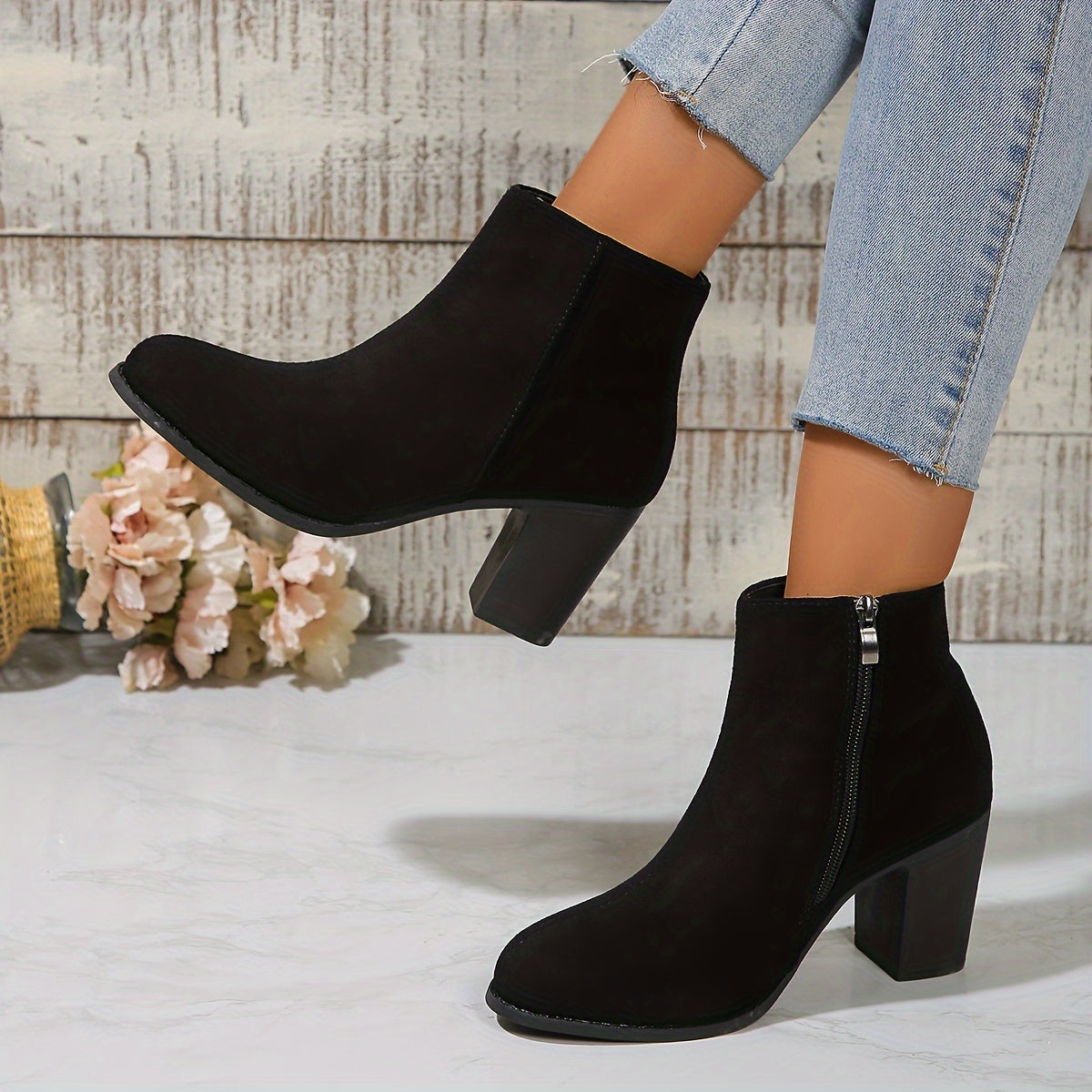 Women's Fabric Ankle Boots Side Zipper Round Toe Block Heel Solid Color