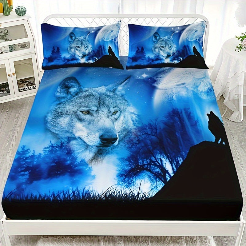 Fitted Sheet Set with Dark Wolf Forest Animal Pattern 3 Pieces Soft Cozy Bedding