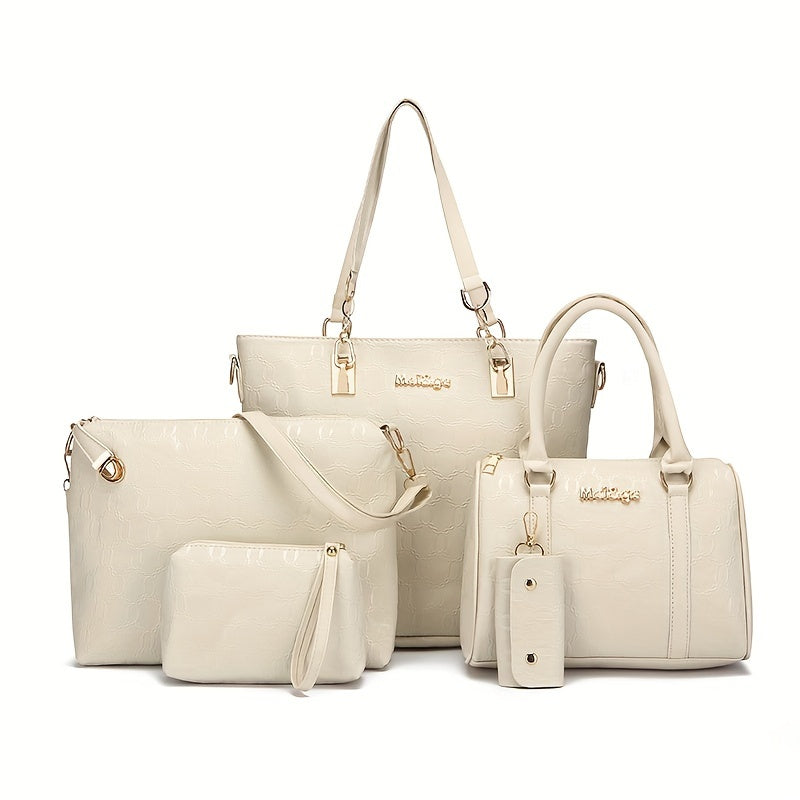 Set de bolso de cuero sintético de cinco piezas para mujer: bolso de mano, bandolera, bolso de hombro y monedero