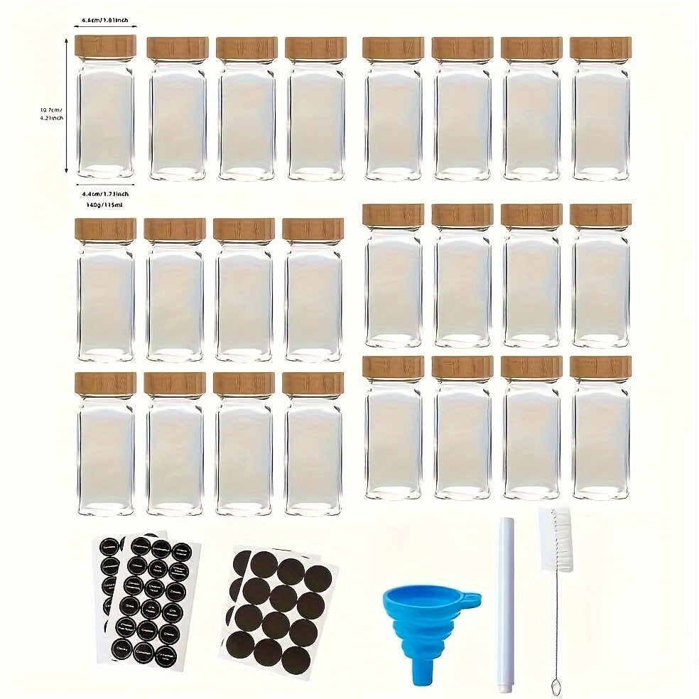 Set of 12 or 24 Glass Spice Bottles with Labels, Airtight Bamboo Lids