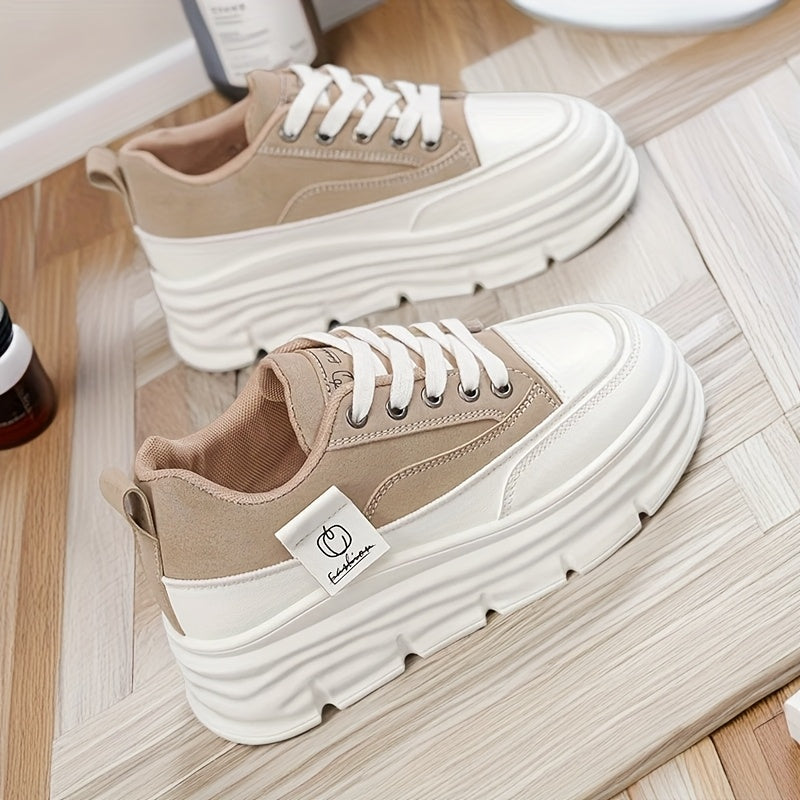 Women's Casual Platform Sneakers White Brown Comfort Low Tops Rubber Sole