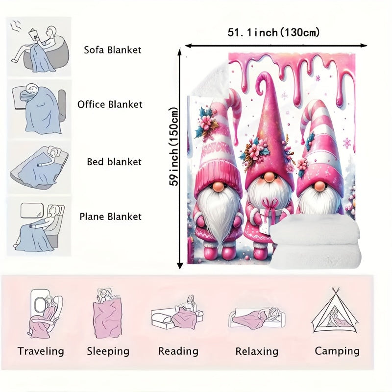 Warm Flannel Throw Blanket with Christmas Gnome and Bell Print for Couch Bed Camping