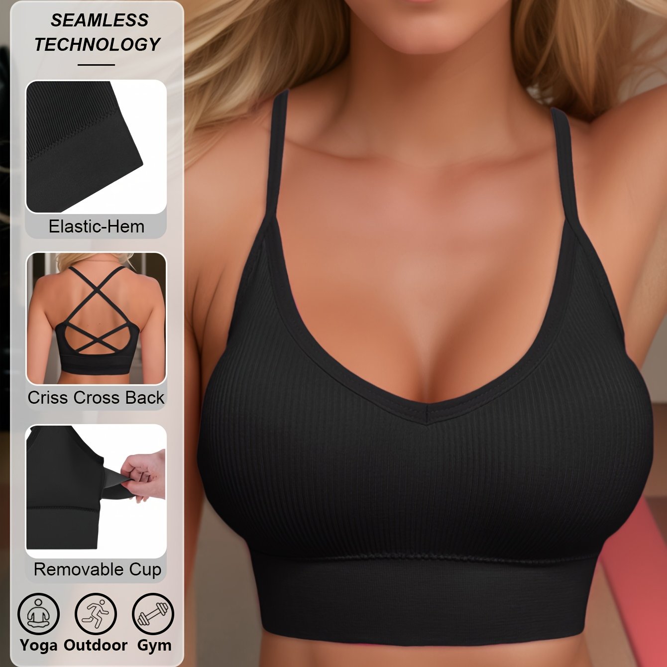 Sujetador deportivo de punto de poliamida para mujer, con alto soporte, sin espalda, relleno removible para yoga y fitness