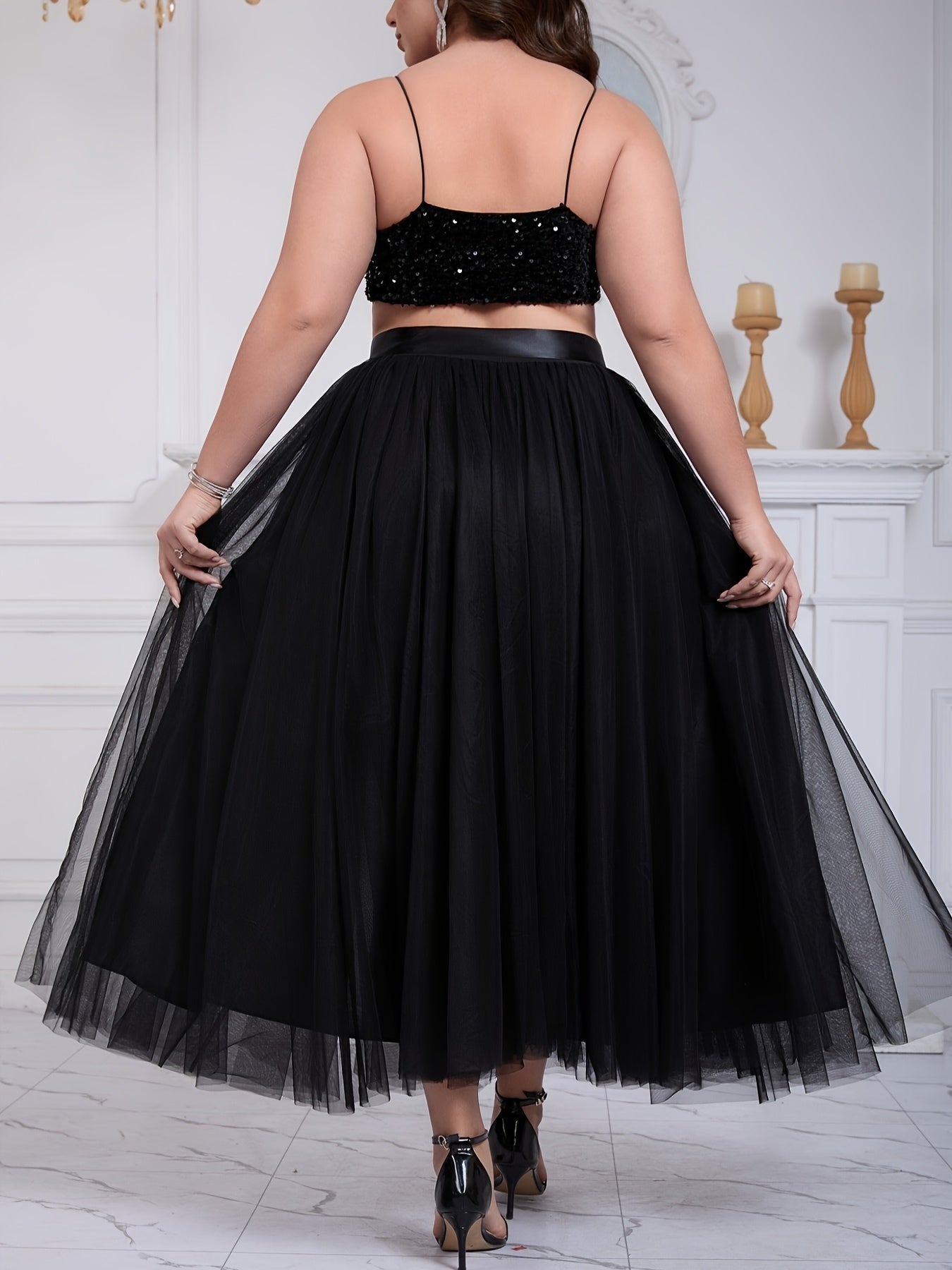 Falda de línea A negra elegante de tul para mujer de tallas grandes con abertura para ropa formal