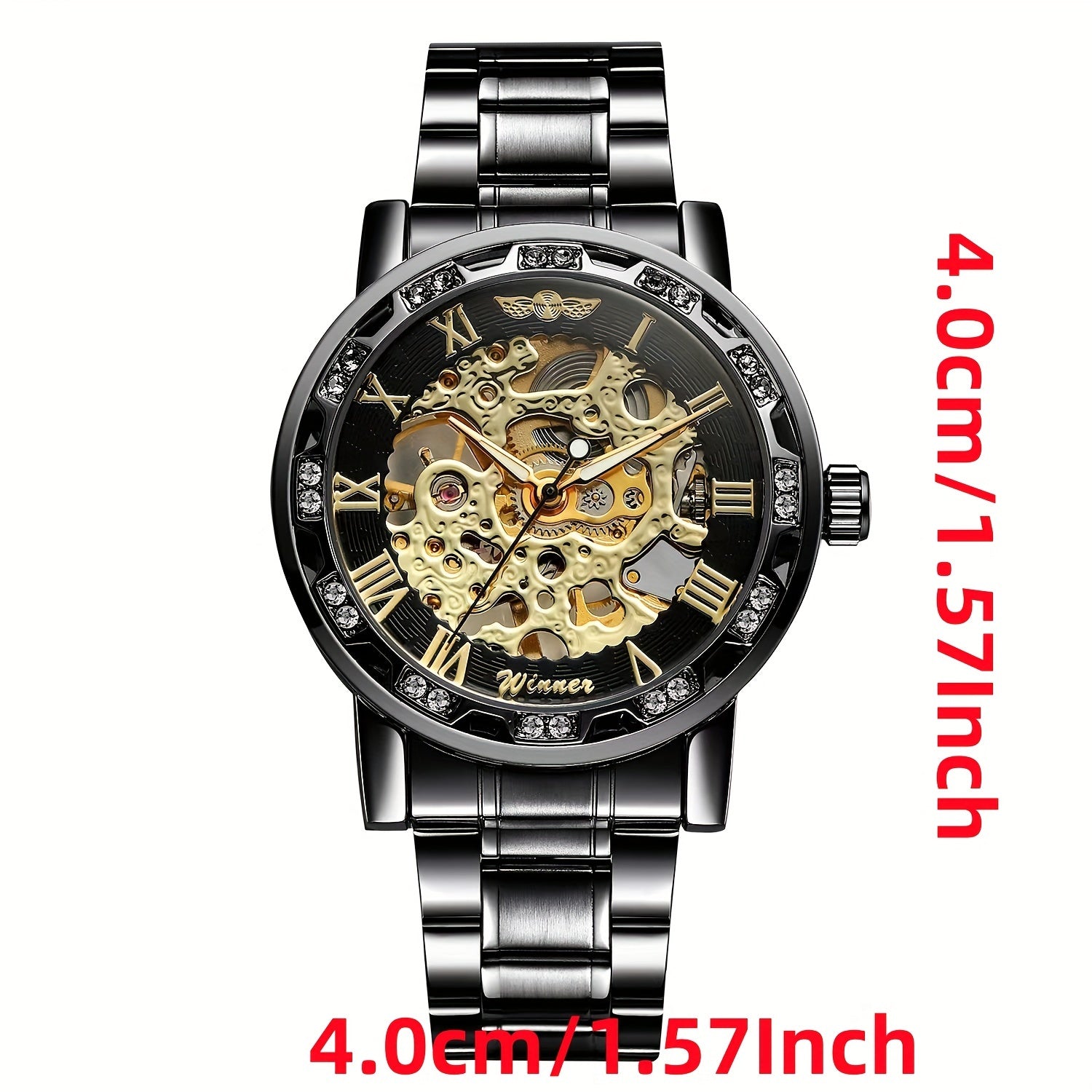 Men's Mechanical Skeleton Watch with Rhinestones Stainless Steel Band