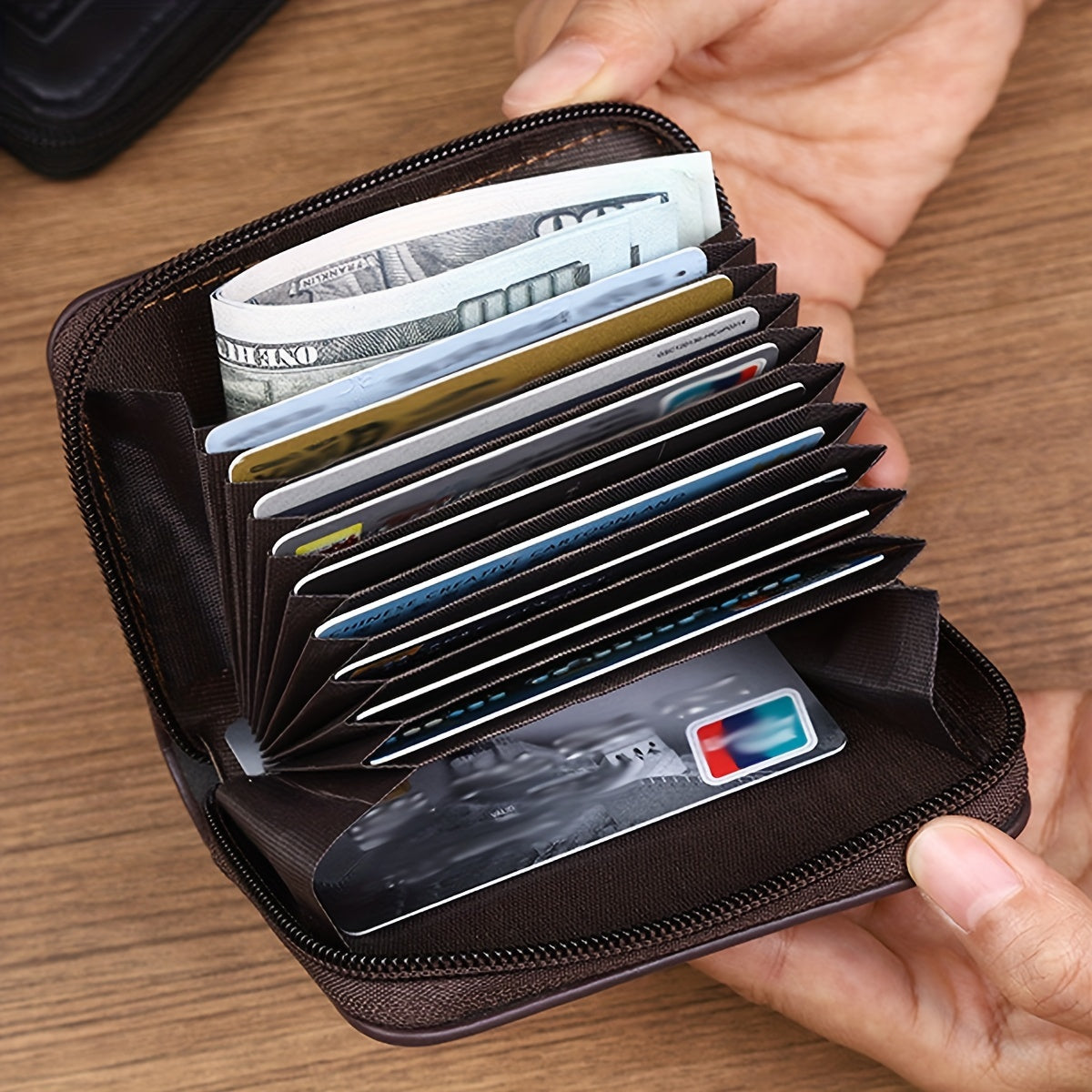 Men's PU Leather Wallet with Card Slots Zipper Coin Pocket Solid Color